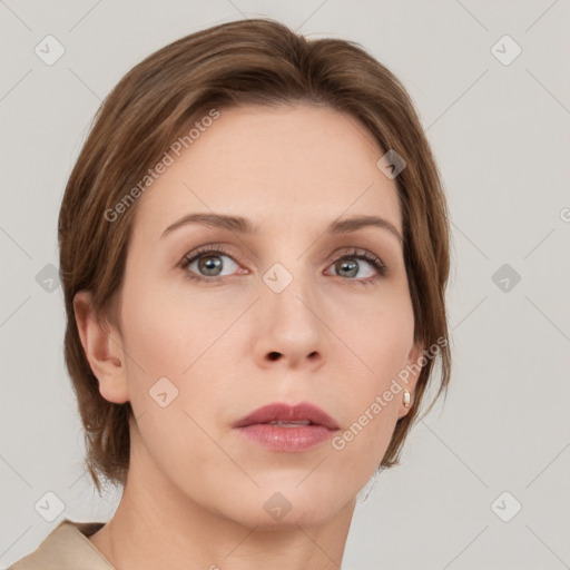 Neutral white young-adult female with medium  brown hair and grey eyes