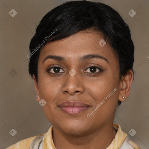 Joyful latino young-adult female with short  brown hair and brown eyes