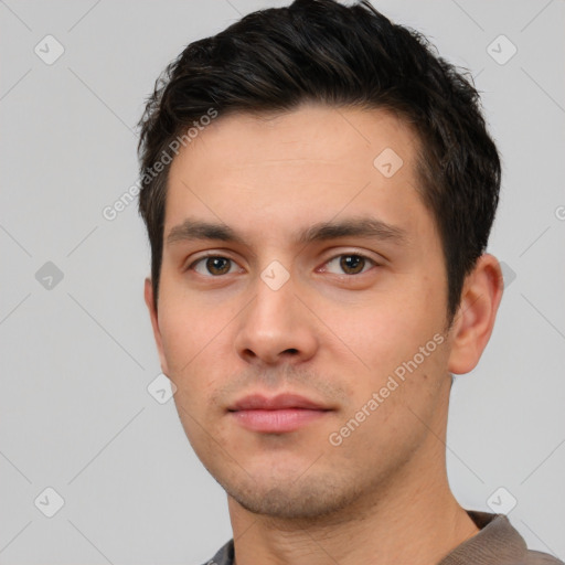 Neutral white young-adult male with short  brown hair and brown eyes