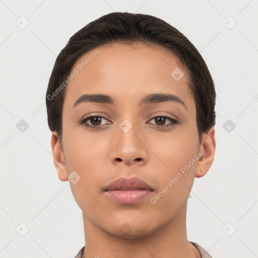 Neutral latino young-adult female with short  brown hair and brown eyes