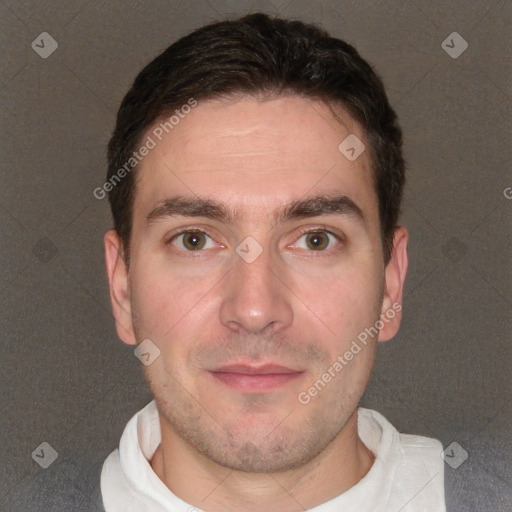 Neutral white young-adult male with short  brown hair and brown eyes