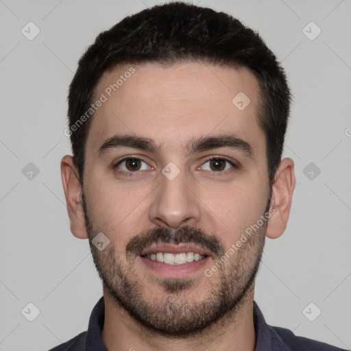 Joyful white young-adult male with short  black hair and brown eyes