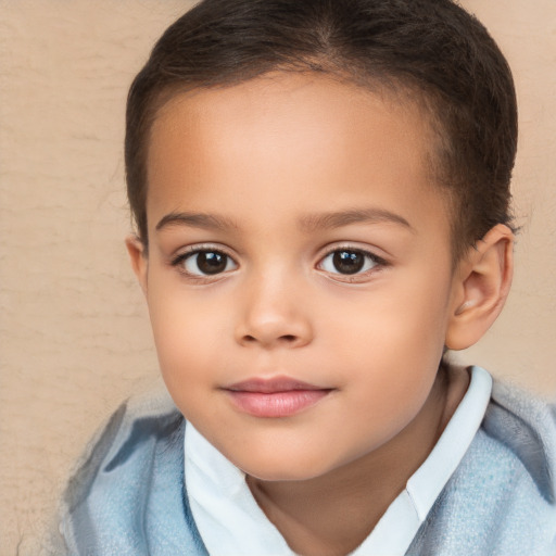 Joyful white child female with short  brown hair and brown eyes