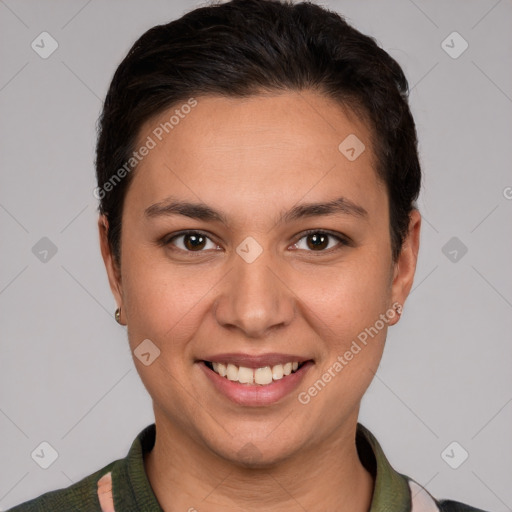 Joyful white young-adult female with short  brown hair and brown eyes