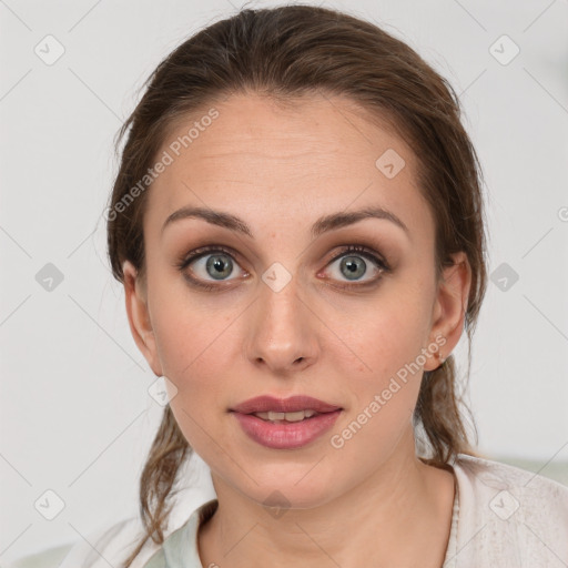 Neutral white young-adult female with medium  brown hair and grey eyes