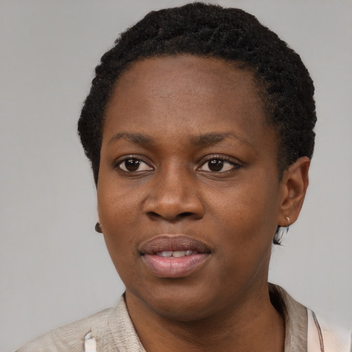 Neutral black young-adult female with short  black hair and brown eyes