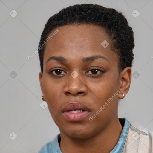 Neutral black young-adult female with short  black hair and brown eyes