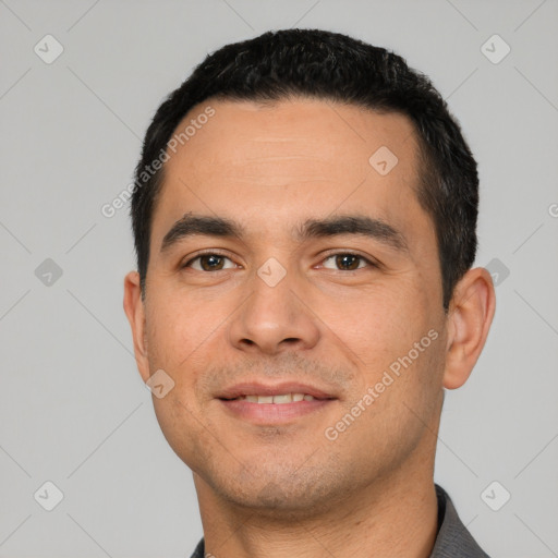 Neutral white young-adult male with short  black hair and brown eyes
