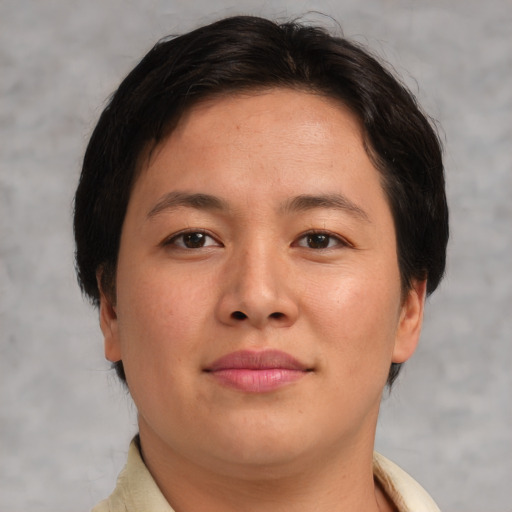 Joyful asian young-adult female with short  brown hair and brown eyes