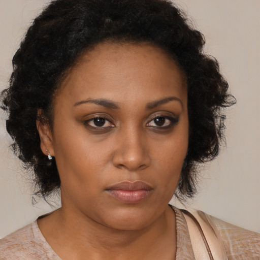 Neutral black young-adult female with medium  brown hair and brown eyes