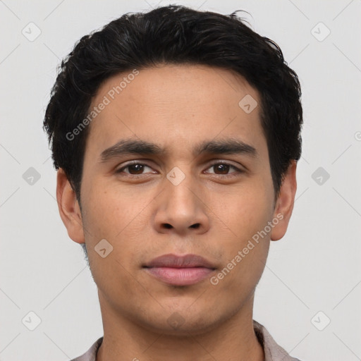 Neutral asian young-adult male with short  black hair and brown eyes