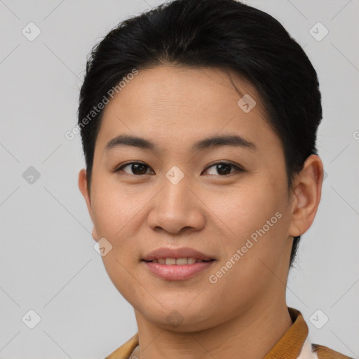 Joyful asian young-adult female with short  brown hair and brown eyes