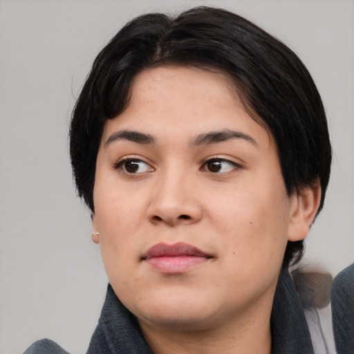 Neutral asian young-adult female with medium  black hair and brown eyes