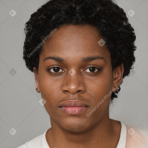 Neutral black young-adult female with short  black hair and brown eyes