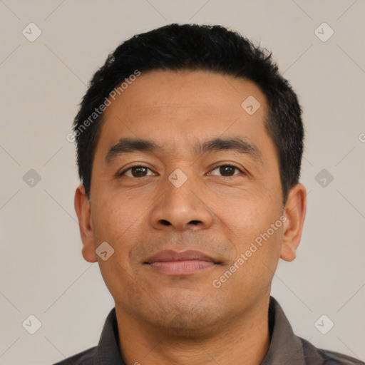 Neutral asian young-adult male with short  black hair and brown eyes