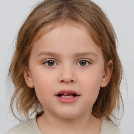 Neutral white child female with medium  brown hair and blue eyes