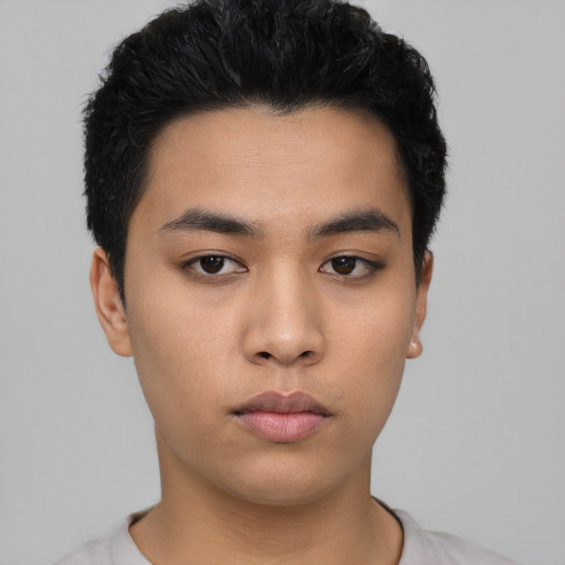 Neutral asian young-adult male with short  black hair and brown eyes