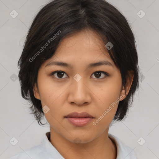 Neutral asian young-adult female with medium  brown hair and brown eyes