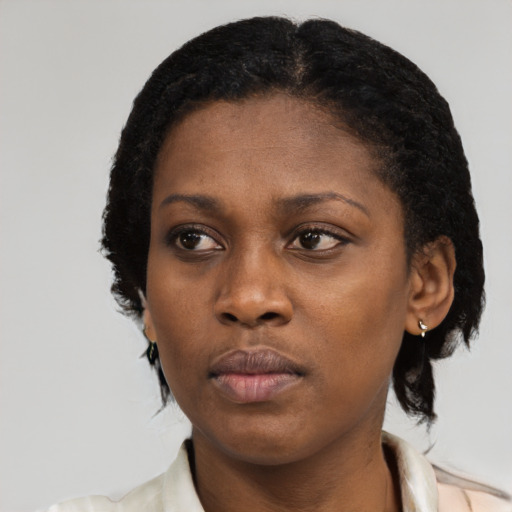 Neutral black young-adult female with medium  black hair and brown eyes