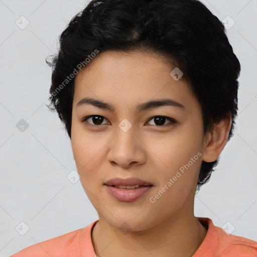 Joyful latino young-adult female with short  black hair and brown eyes