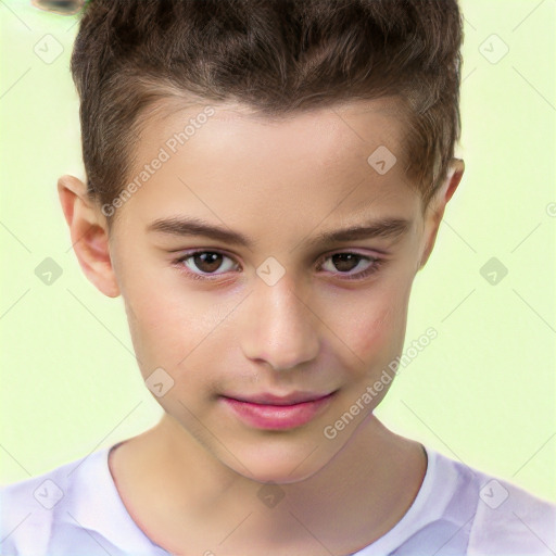 Joyful white child male with short  brown hair and brown eyes