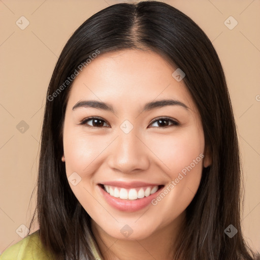 Joyful white young-adult female with long  brown hair and brown eyes