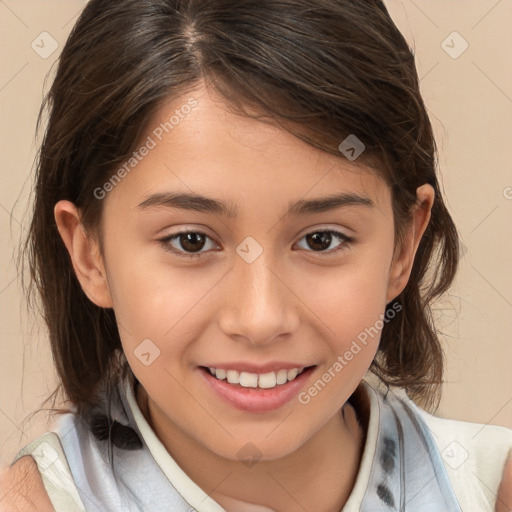 Joyful white child female with medium  brown hair and brown eyes