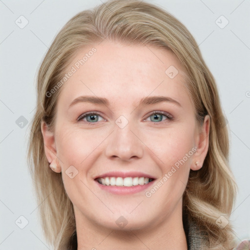 Joyful white young-adult female with medium  brown hair and blue eyes