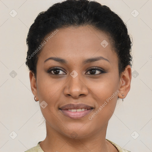 Joyful latino young-adult female with short  brown hair and brown eyes