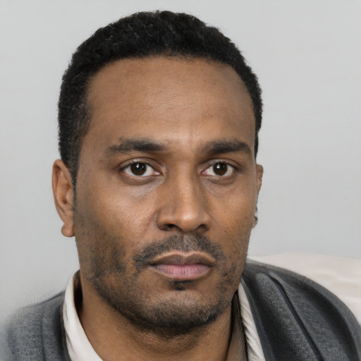 Neutral latino adult male with short  black hair and brown eyes
