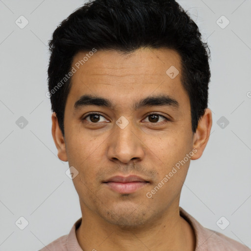 Neutral latino young-adult male with short  black hair and brown eyes