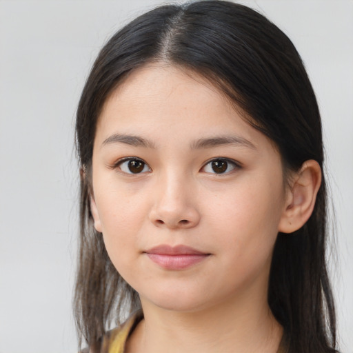 Neutral asian young-adult female with long  brown hair and brown eyes