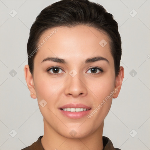 Joyful white young-adult female with short  brown hair and brown eyes