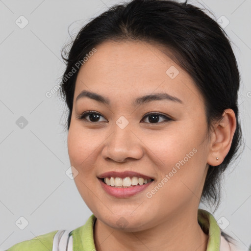 Joyful white young-adult female with medium  brown hair and brown eyes