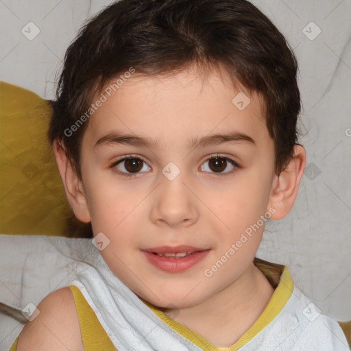 Joyful white child female with short  brown hair and brown eyes