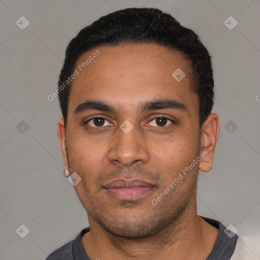 Neutral latino young-adult male with short  black hair and brown eyes