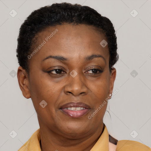 Joyful black adult female with short  brown hair and brown eyes