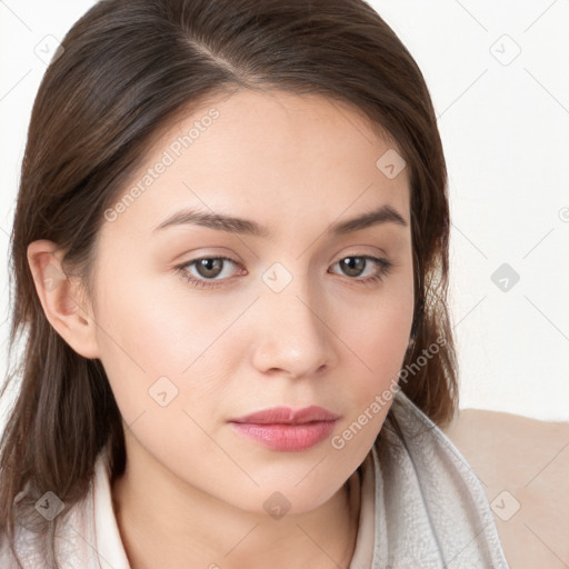 Neutral white young-adult female with medium  brown hair and brown eyes