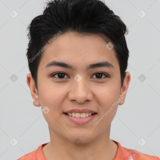 Joyful asian young-adult female with short  brown hair and brown eyes