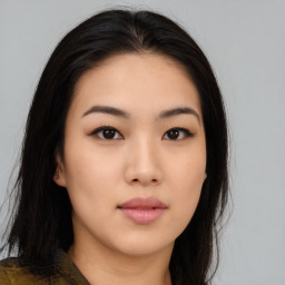 Neutral asian young-adult female with long  black hair and brown eyes