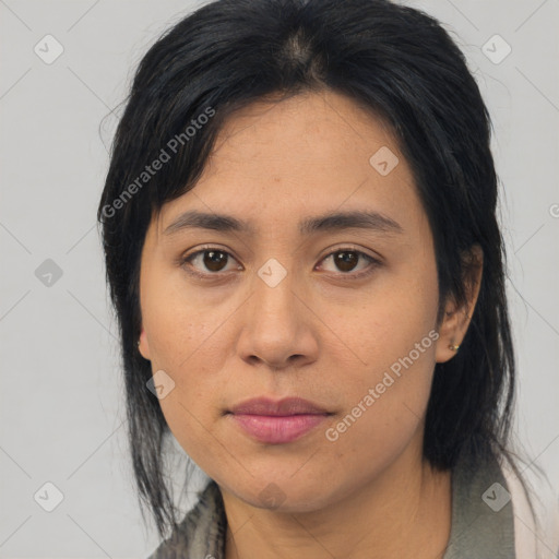 Neutral asian young-adult female with medium  black hair and brown eyes