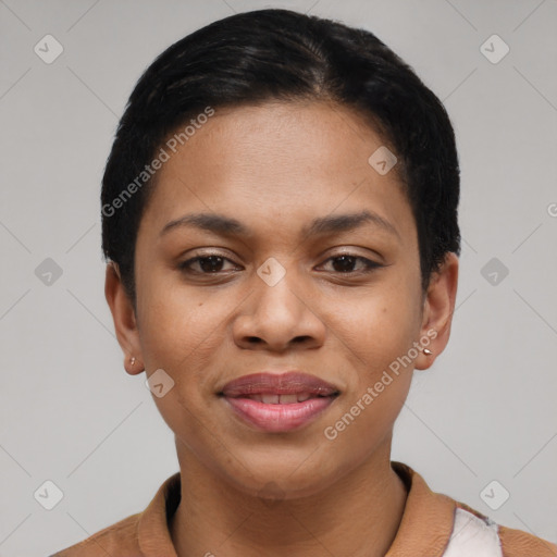 Joyful black young-adult female with short  black hair and brown eyes