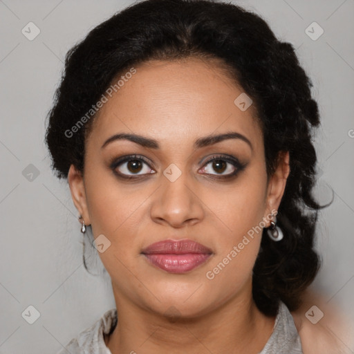 Joyful latino young-adult female with medium  brown hair and brown eyes