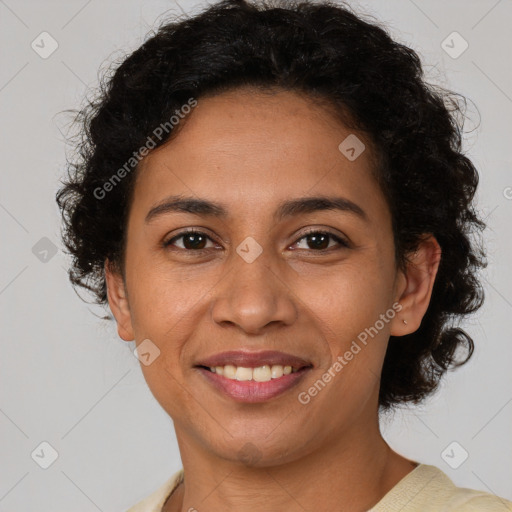 Joyful latino young-adult female with short  brown hair and brown eyes