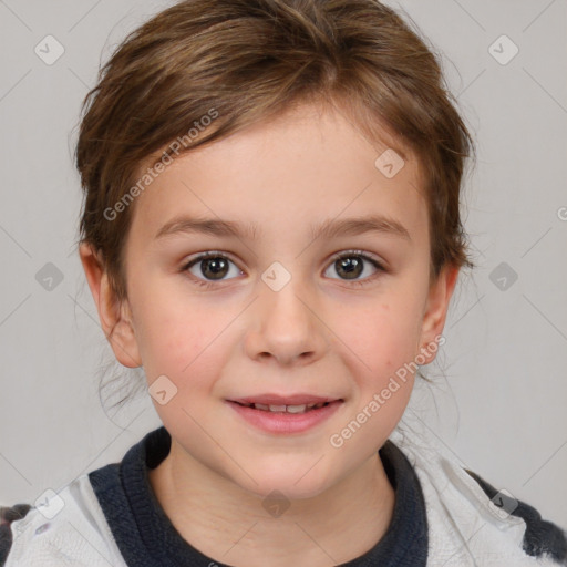 Joyful white child female with medium  brown hair and brown eyes