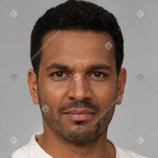 Neutral latino young-adult male with short  black hair and brown eyes