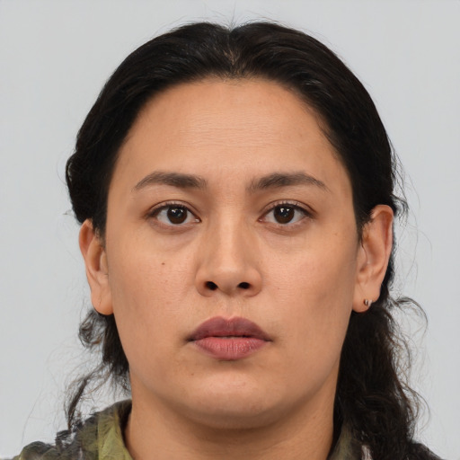Neutral asian young-adult female with medium  brown hair and brown eyes
