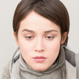 Neutral white young-adult female with short  brown hair and brown eyes