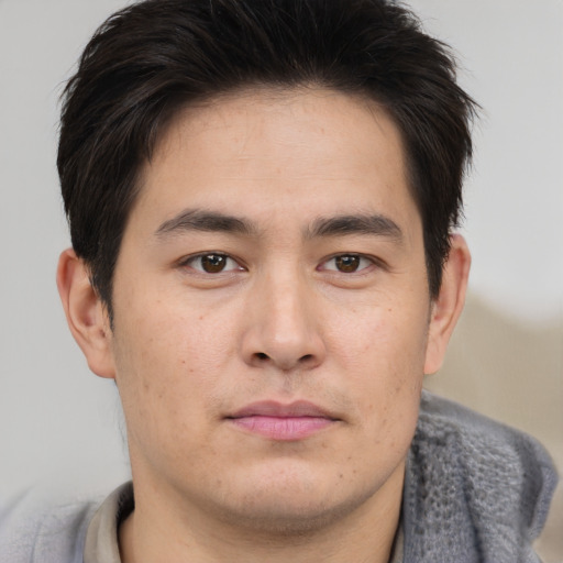 Neutral asian young-adult male with short  brown hair and brown eyes