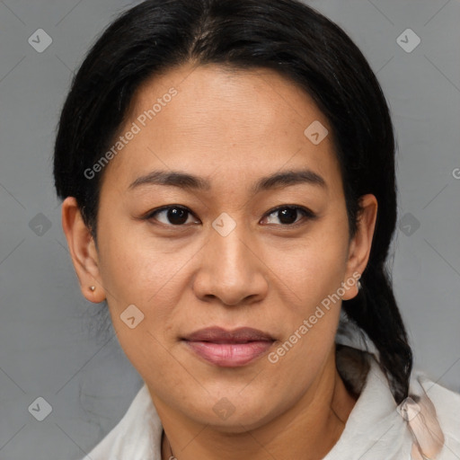 Joyful latino young-adult female with medium  brown hair and brown eyes